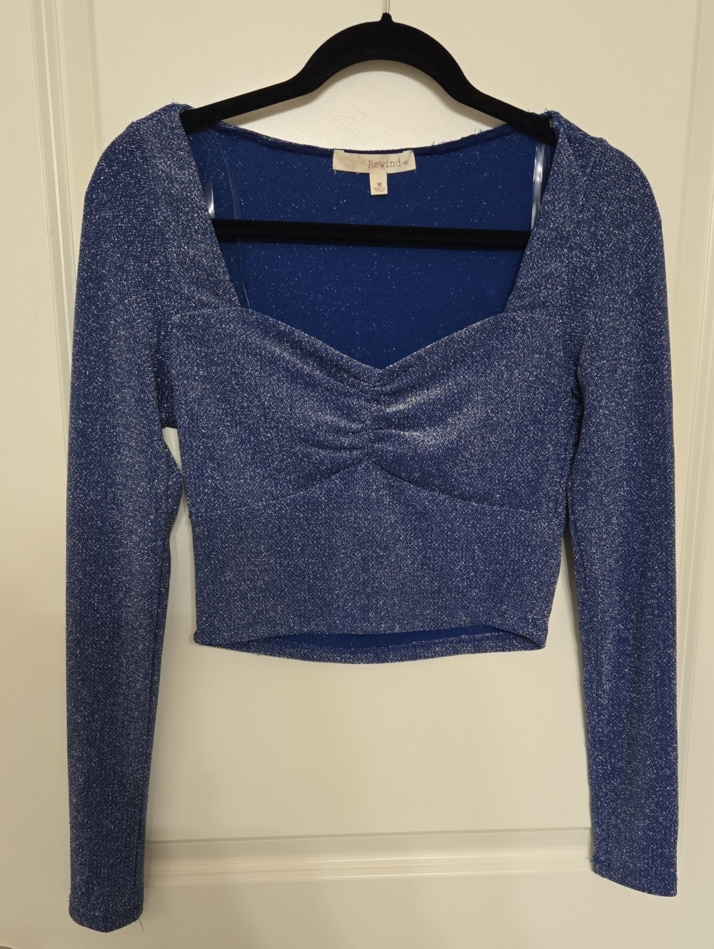 Rewind Sparkle Blue Long-Sleeve Sweetheart Crop Top